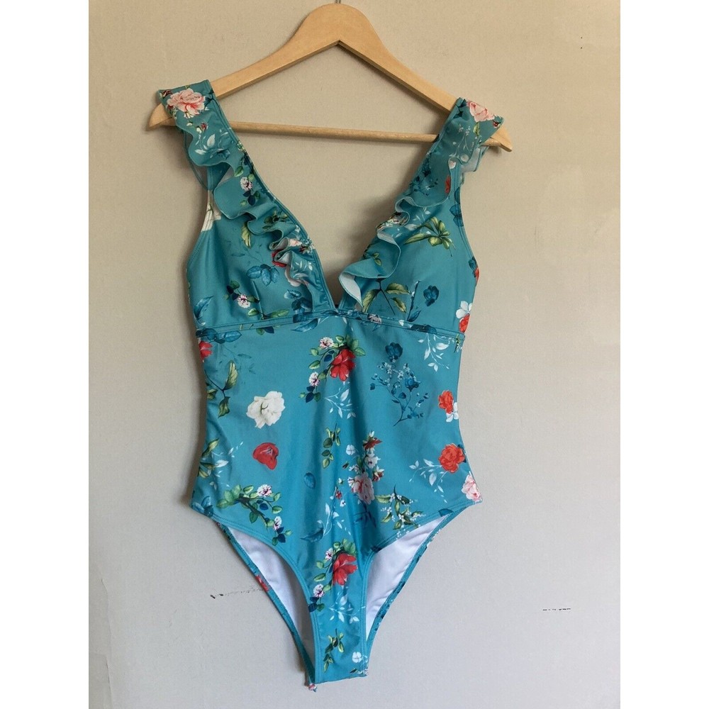 Cupshe Teal Floral Ruffle Swim Suit Size Large Tie Back